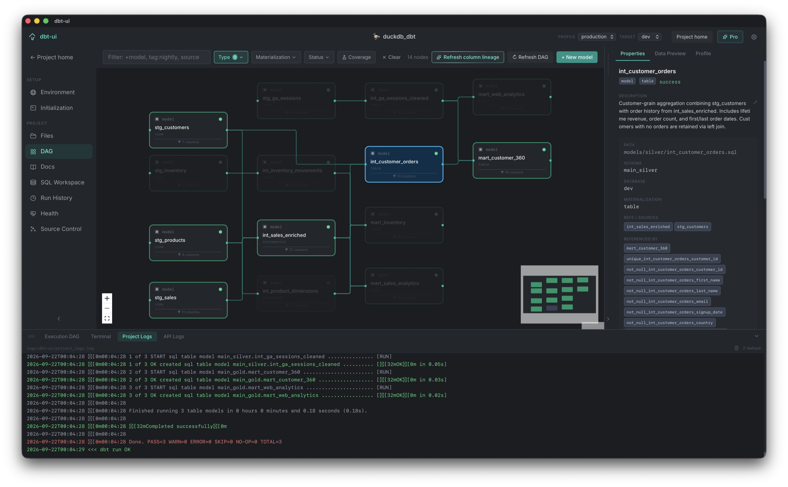 dbt-ui dependency graph with live execution logs and model side panel