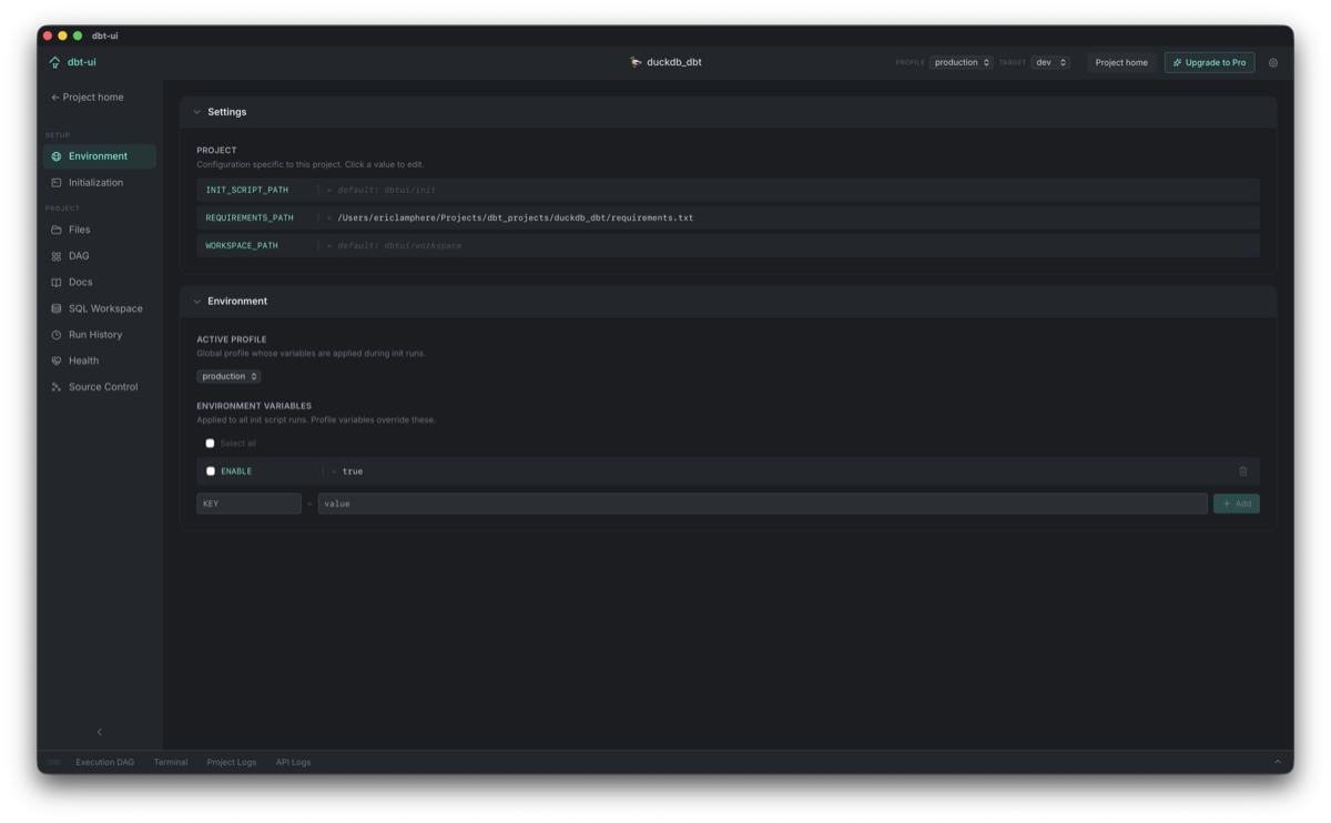dbt-ui environment and profile settings