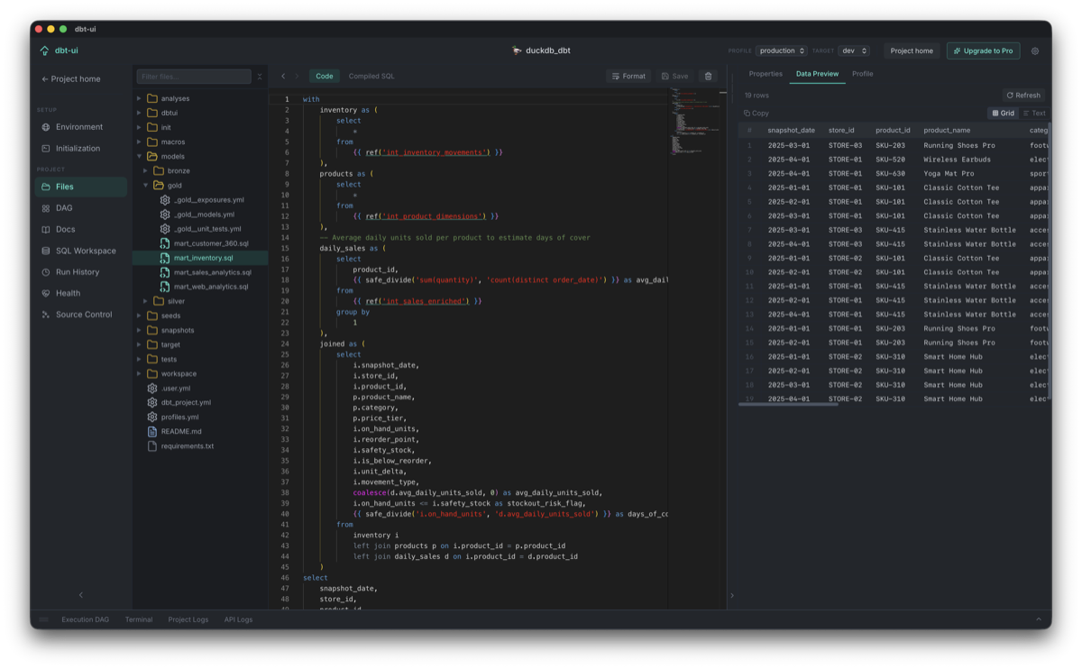 dbt-ui file explorer data preview tab