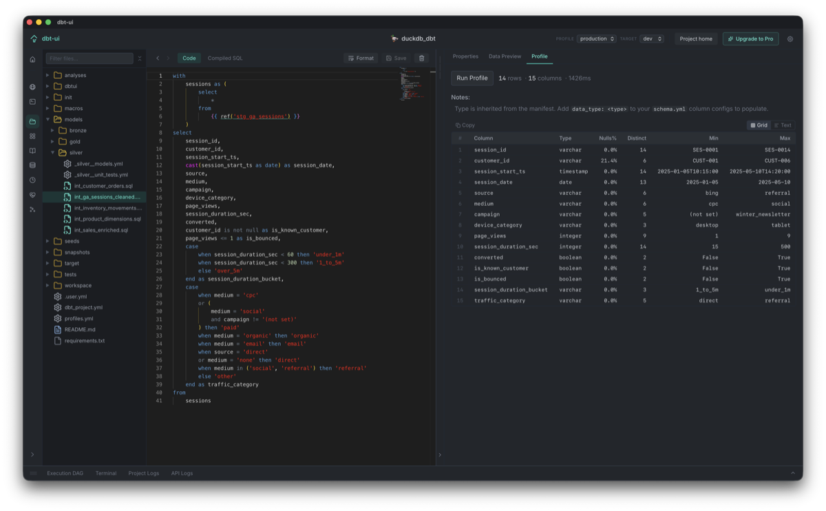 dbt-ui file explorer column profile tab