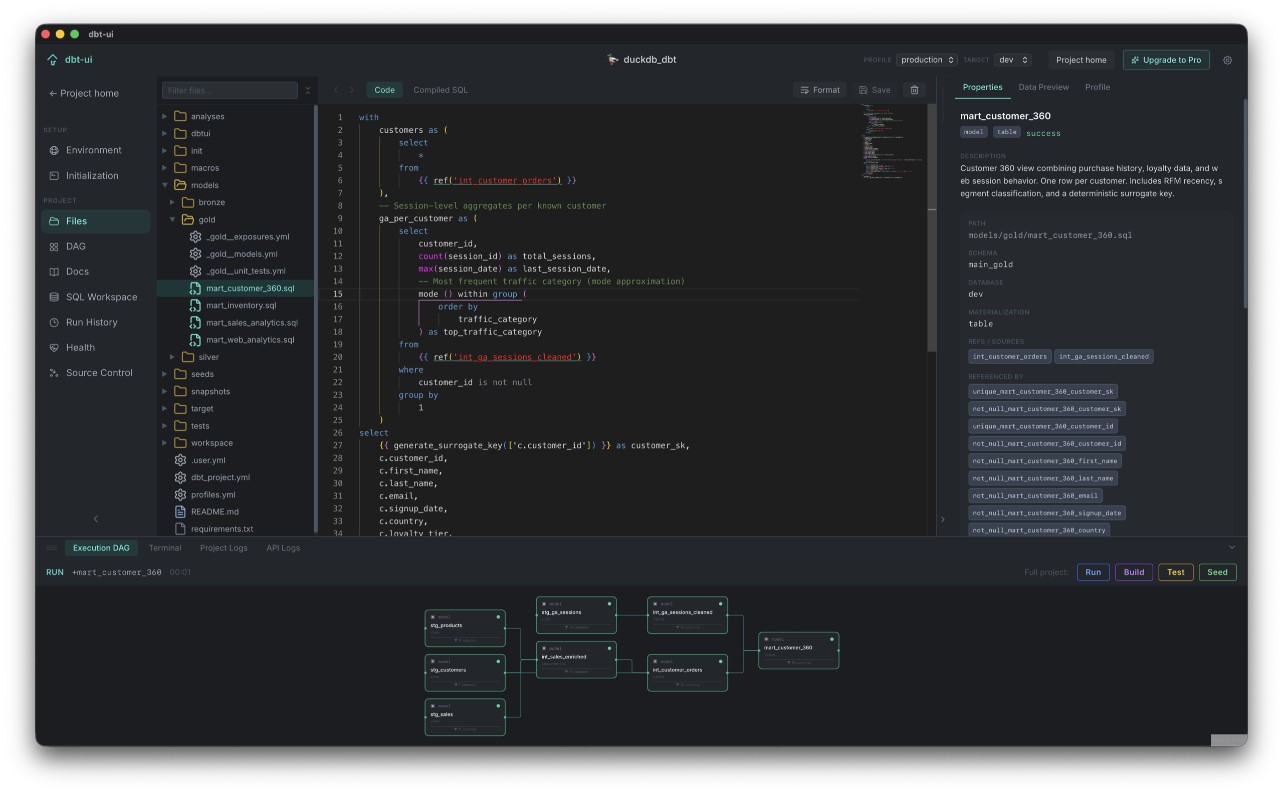 dbt-ui file explorer with SQL editor, model metadata panel, and execution DAG