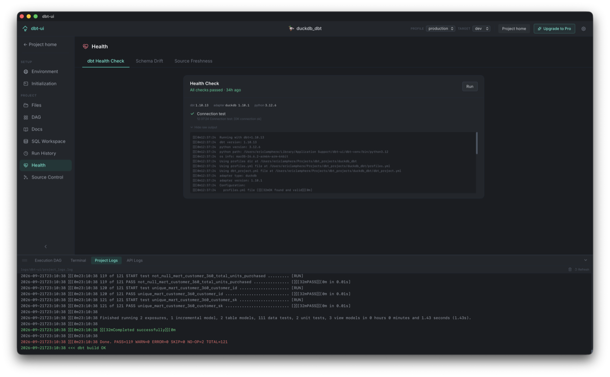 dbt-ui health check panel