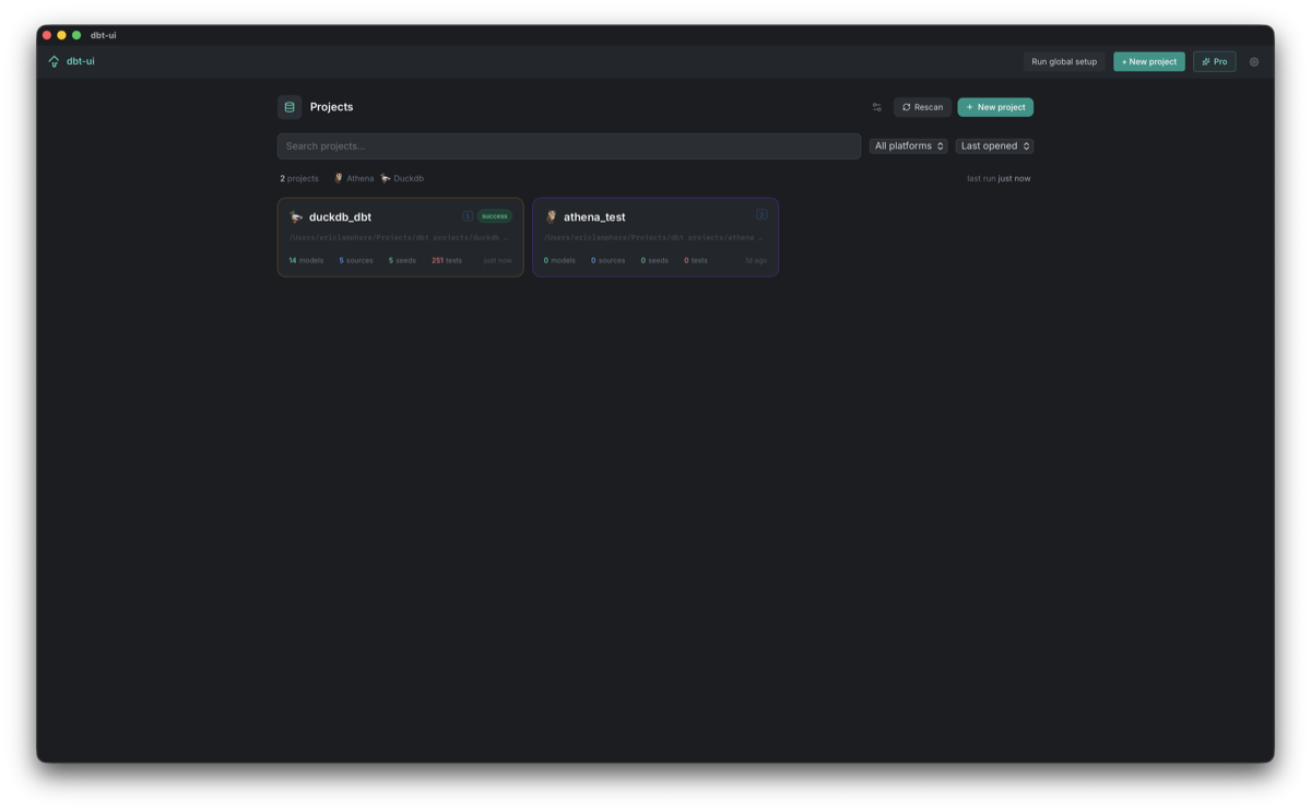 dbt-ui project list homepage