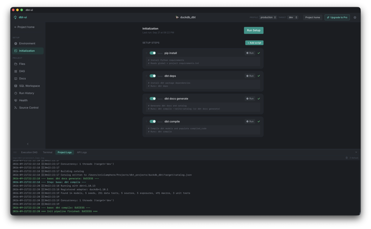 dbt-ui initialization pipeline steps