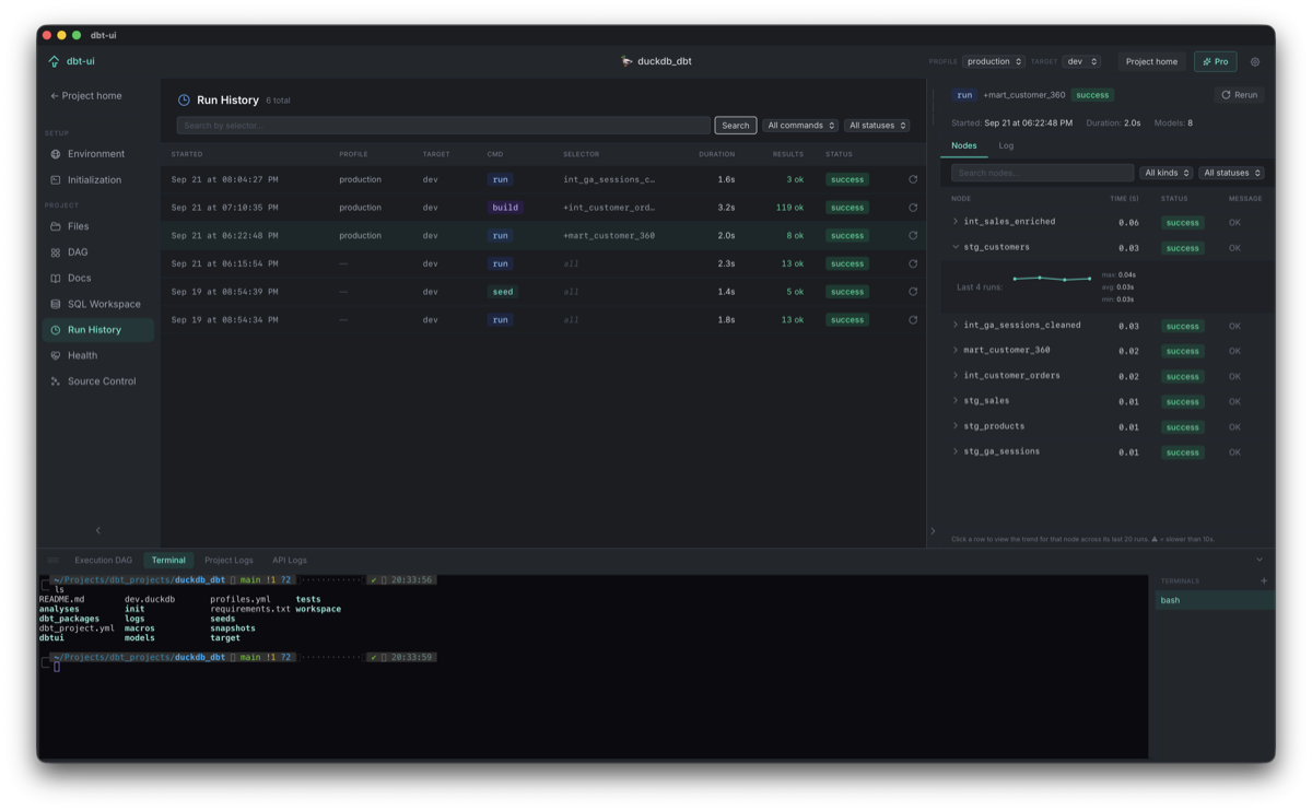 dbt-ui run history table