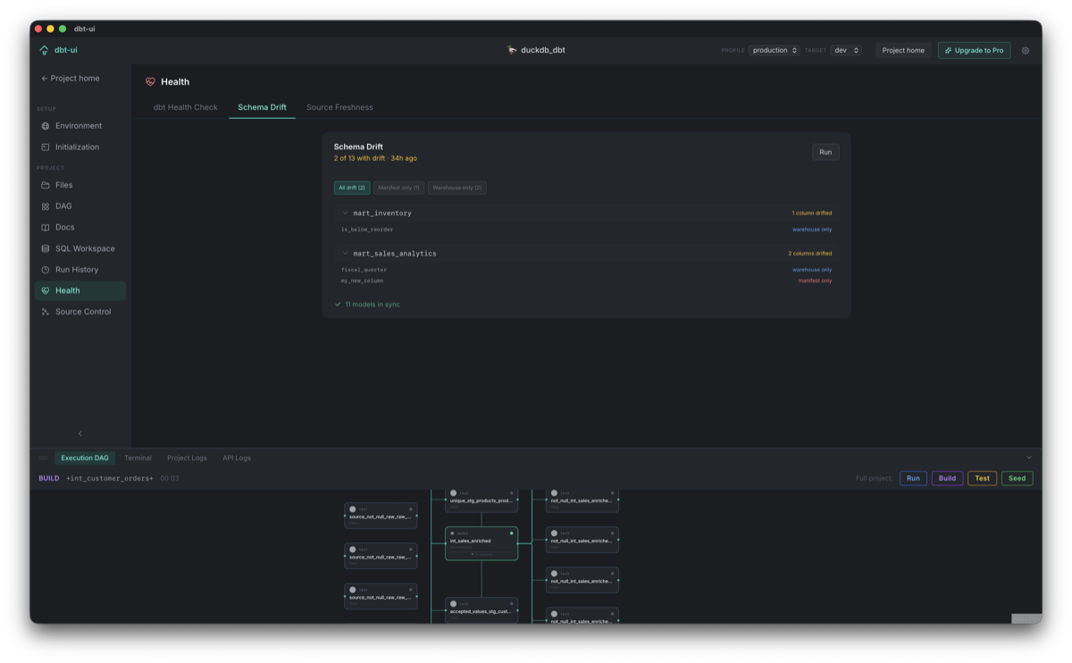 dbt-ui schema drift detection