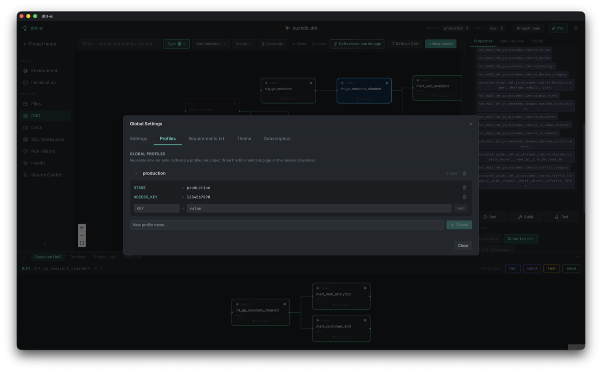dbt-ui global settings modal